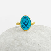 Crystal Quartz Ring, London Blue Quartz 10x14mm Oval Gemstone Ring, 18k Gold Plated Blue Ring, 925 Solid Silver London Blue Ring For Women